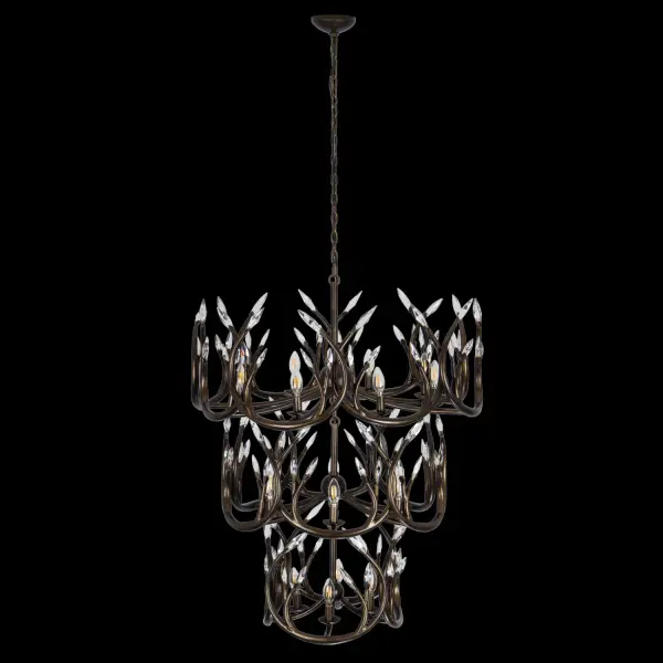 The Chalet Chandelier reimagines traditional antler design with forged steel construction and layered interwoven rings. Crystal points add shimmer while the Dark Pearlized Antique Brass finish brings warmth to modern lodge or contemporary spaces.