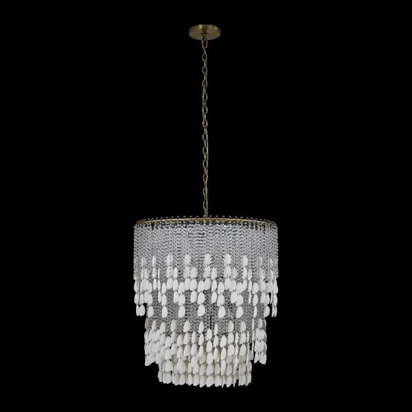 The Farfalle chandelier combines sparkling Firenze crystals with bone china accents in a sophisticated boho design. Its naturally moving strands create dynamic light play, while the brushed champagne gold finish adds warmth and modern elegance.