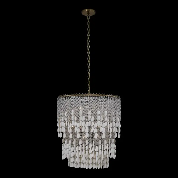 The Farfalle chandelier combines sparkling Firenze crystals with bone china accents in a sophisticated boho design. Its naturally moving strands create dynamic light play, while the brushed champagne gold finish adds warmth and modern elegance. - alternate view