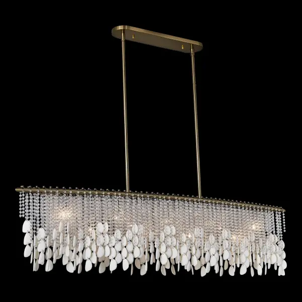 The Farfalle collection brings sophisticated boho elegance with sparkling Firenze crystals and bone china accents that move gracefully with air currents. The brushed champagne gold finish adds warmth while the 60.5-inch linear design creates dramatic impact over dining tables and islands.