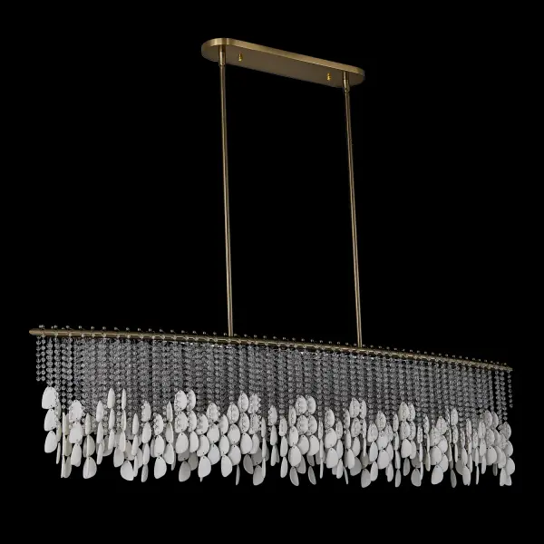 The Farfalle collection brings sophisticated boho elegance with sparkling Firenze crystals and bone china accents that move gracefully with air currents. The brushed champagne gold finish adds warmth while the 60.5-inch linear design creates dramatic impact over dining tables and islands. - alternate view
