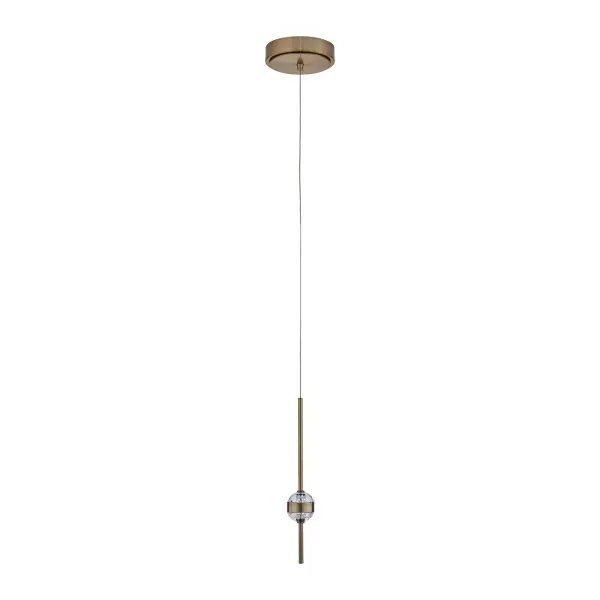 The Goccia chandelier brings fine jewelry aesthetics to lighting design with oversized crystals pierced by a sleek Winter Brass frame. Its compact 6.25-inch diameter and integrated LED make it perfect for intimate spaces. - alternate view