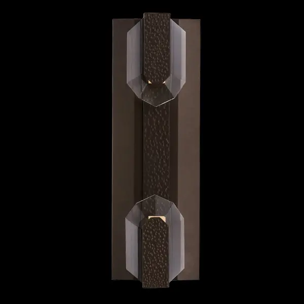 The Opposto Esterno combines concealed LED lighting with Firenze crystal and hammered stainless steel in a durable Bronze Fluorocarbon finish. WET-rated for outdoor use, this modern sconce creates captivating light play through crystal reflections. - alternate view