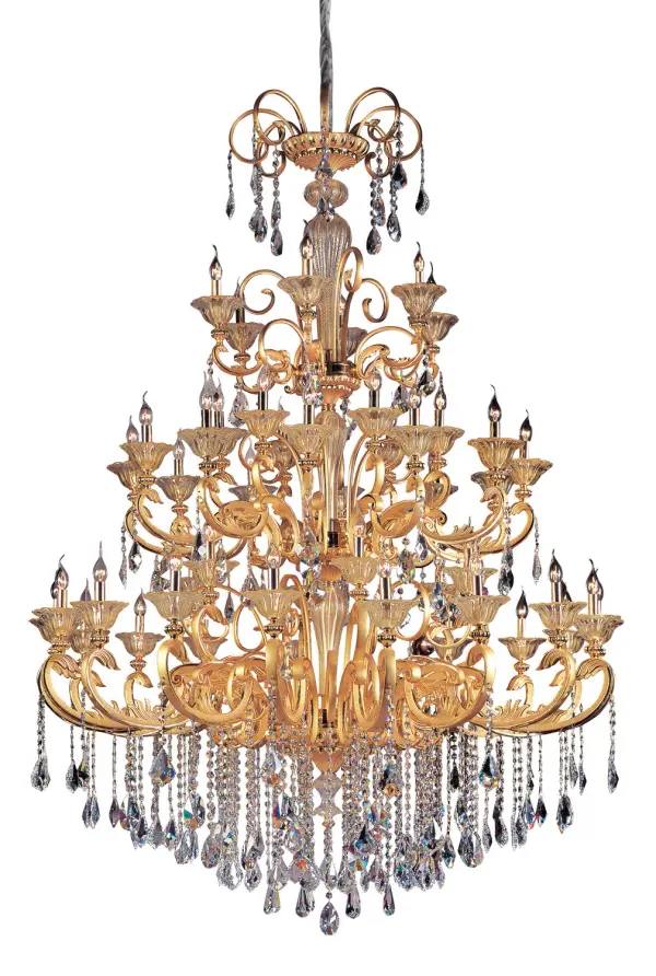 The Collection features modern light fixtures that still highlight traditional elements like acanthus leaves. With an ornate stem, the striking curves, available in Manufacturer`s exclusive Antique Silver Leaf or Two-tone Gold 24k finishes, are crowned with Manufacturer`s Clear Firenze crystal bobeches. Clear Firenze or Swarovski Elements crystals dangle glamorously with captivating sparkle. Collection: Legrenzi Rooms: Dining Room, Bedroom, Kitchen, Foyer Finish: Gold Glass: Firenze Clear Notes: Firenze Clear Width: 64.50" Height: 86.50" Weight: 225.00 lb Chain: 96`` Wire: 132`` Canopy: 6.75``x2.5`` Number of Bulbs: 48 Maximum Wattage: 40.00 W Bulb Base: E12 Candelabra Dimmable Voltage: 120.00 V Material: Cast Solid Brass Country of Origin: China Safety Listing: Dry Safety Rating: cETL