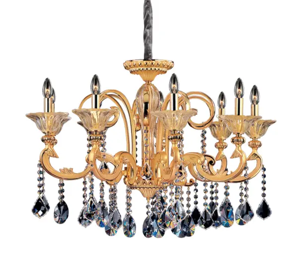 The Collection features modern light fixtures that still highlight traditional elements like acanthus leaves. With an ornate stem, the striking curves, available in Manufacturer`s exclusive Antique Silver Leaf or Two-tone Gold 24k finishes, are crowned with Manufacturer`s Clear Firenze crystal bobeches. Clear Firenze or Swarovski Elements crystals dangle glamorously with captivating sparkle. Collection: Legrenzi Rooms: Dining Room, Bedroom, Kitchen, Foyer Finish: Gold Glass: Firenze Clear Notes: Firenze Clear Width: 33.50" Height: 26.50" Weight: 38.00 lb Chain: 48`` Wire: 96`` Canopy: 6.75``x2.5`` Number of Bulbs: 9 Maximum Wattage: 40.00 W Bulb Base: E12 Candelabra Dimmable Voltage: 120.00 V Material: Cast Solid Brass Country of Origin: China Safety Listing: Dry Safety Rating: cETL