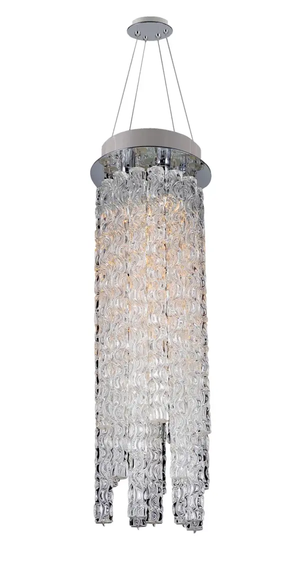 The Collection was inspired by the famed artist`s painting: The Birth of Venus. These undulating wands of hand-blown crystal, an exclusive Manufacturer shape, cascade like the hair of Collection`s Venus. Combining inspiration from the Renaissance and Manufacturer`s Chrome finish, this collection is modern and timeless Collection: Botticelli Rooms: Garage, Familyroom, Hallway, Bedroom Finish: Chrome Width: 10.00" Height: 30.00" Weight: 24.00 lb Chain: 96`` Wire: 120`` Canopy: 7``x2`` Number of Bulbs: 3 Maximum Wattage: 50.00 W Bulb Base: GU10 Dimmable Voltage: 120.00 V Material: Steel Country of Origin: China Safety Listing: Dry Safety Rating: cETL