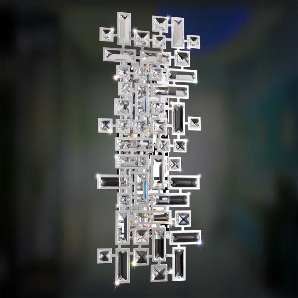 The Vermeer wall bracket brings De Stijl-inspired geometric design to life with clear prism crystals arranged in asymmetric patterns. Its polished chrome finish and laser-cut steel construction create a sophisticated focal point perfect for modern bathrooms and hallways.