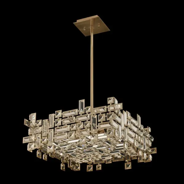 The Vermeer pendant brings De Stijl art movement principles to life with clear prism crystals arranged in asymmetric patterns. Its 21-inch square profile and brushed champagne gold finish create a sophisticated focal point perfect for modern and transitional spaces.