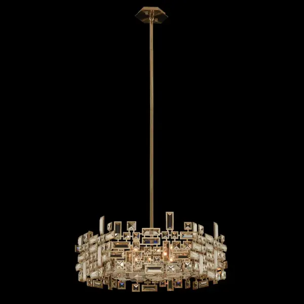 The Vermeer Hexagonal Pendant brings bold Art Deco sophistication with its 24-inch geometric frame and clear prism crystals arranged in De Stijl-inspired patterns. The brushed champagne gold finish adds warmth while the rectilinear design creates dramatic visual interest.
