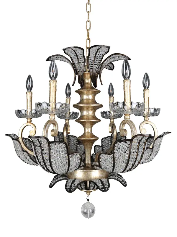 The Tiepolo Collection was inspired by the ornate, floral chandeliers of the Baroque Ca`Rezzonico Palace that houses some of this iconic artist`s most famous works. The delicacy of flower petals is conveyed with strands of Clear Firenze or Swarovski crystal beads set into a frame finished in Allegri`s Sienna Bronze. Simplified stems, finished in Allegri`s Silver Leaf, allow the sparkling Collection: Tiepolo Finish: Silver Leaf Sienna Bronze Glass: Firenze Clear Width: 28.00" Height: 32.00" Weight: 52.00 lb Chain: 48`` Wire: 96`` Canopy: 5.5``x1.25`` Number of Bulbs: 6 Maximum Wattage: 40.00 W Bulb Base: E12 Candelabra Voltage: 120.00 V Country of Origin: China Safety Listing: Dry Safety Rating: cUL