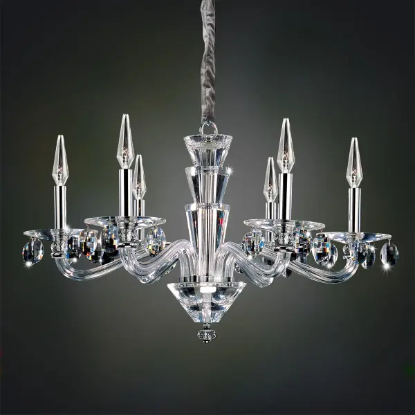 The Fanshawe chandelier masterfully combines Art Deco geometry with Venetian glassmaking tradition. Hand-blown glass arms, conical crystal columns, and Firenze crystal accents create a sophisticated focal point, while the polished chrome finish provides a mirror-like backdrop that enhances the crystal's brilliance.