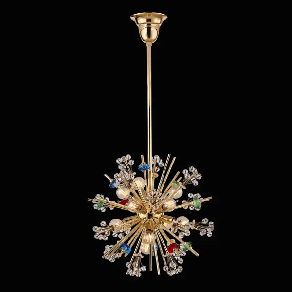 The Constellation Colorata brings Hollywood glamour to mid-century design with its 10-light configuration and vibrant Firenze crystal accents. The 18K gold finish and 19-inch diameter create a stunning focal point.