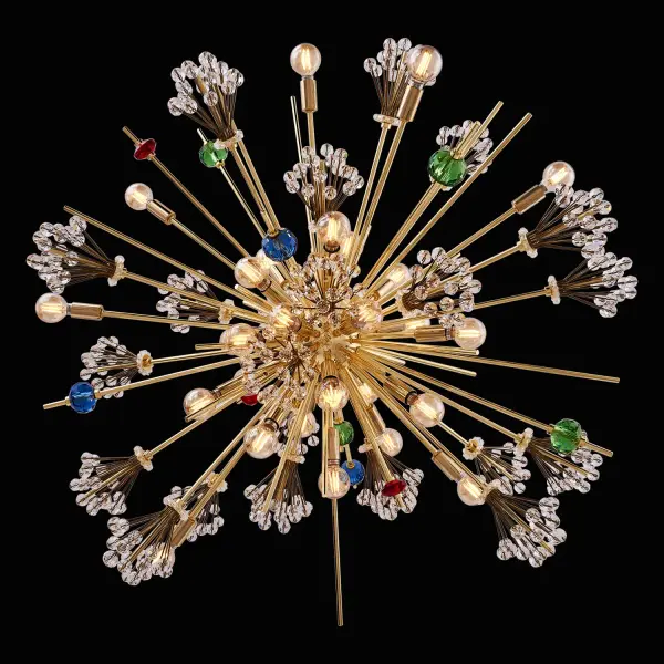 The Constellation Colorata combines Mid-Century Modern design with Art Deco glamour, featuring 30 lights adorned with colorful Firenze Crystal accents. At 36 inches wide, this dramatic oval pendant makes a bold statement in grand spaces. - alternate view