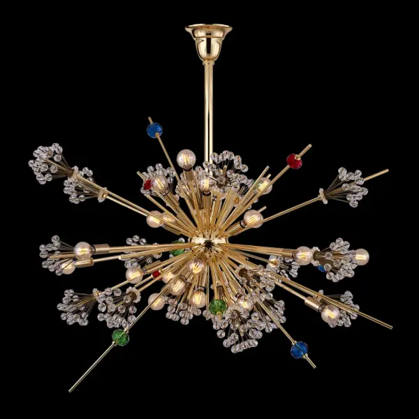 The Constellation Colorata is a breathtaking 30-light pendant that commands attention with its 47-inch width and colorful Firenze Crystal accents. Perfect for grand spaces requiring dramatic lighting with Art Deco sophistication.