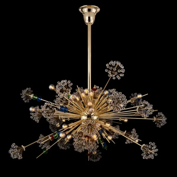 This oversized pendant combines Mid-Century design with Hollywood glamour, featuring 46 lights and colorful Firenze Crystal accents in an 18K Gold finish. At 60 inches wide, it's a dramatic focal point for grand spaces.