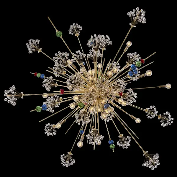 This oversized pendant combines Mid-Century design with Hollywood glamour, featuring 46 lights and colorful Firenze Crystal accents in an 18K Gold finish. At 60 inches wide, it's a dramatic focal point for grand spaces. - alternate view