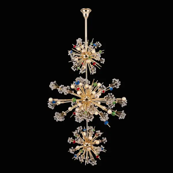 A breathtaking three-tier chandelier combining Mid-Century design with Art Deco glamour. Features 50 lights and colorful Firenze Crystal accents in luxurious 18K Gold finish. At 36 inches diameter and 60 inches tall, this showstopper demands grand spaces with high ceilings.