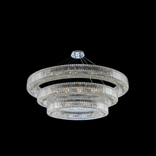 The Rondelle 3-Tier Pendant is a breathtaking 60-inch diameter chandelier featuring Firenze crystal baguettes and squares in polished chrome. Perfect for grand spaces with soaring ceilings, this showstopper delivers unmatched sparkle and sophistication.