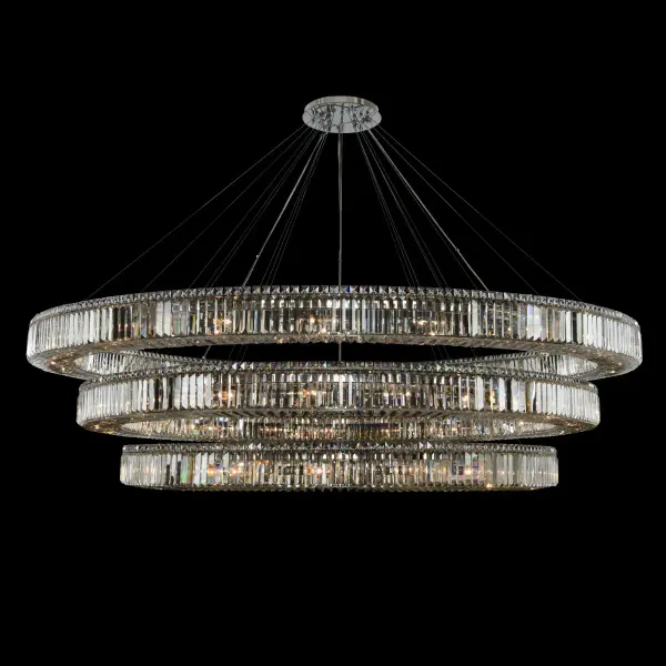 This spectacular 84-inch three-tier chandelier features Firenze crystal baguettes and squares in polished chrome, creating a stunning focal point for grand spaces with soaring ceilings.