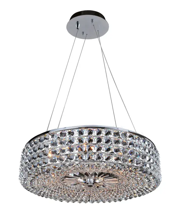 The Arche Collection was inspired by the shape of a snare drum. Suspended from a base finished in Allegri`s exclusive Chrome is a full drum of Octagon shaped crystals that capture and reflect light to both sparkle and glow. Collection: Arche Rooms: Kitchen, Dining, Great Room, Foyer Finish: Chrome Glass: Firenze Clear Crystal: Firenze Clear Notes: Firenze Clear Width: 24.00" Height: 6.00" Weight: 25.00 lb Chain: 96`` Wire: 120`` Canopy: 6``x1`` Number of Bulbs: 6 Maximum Wattage: 40.00 W Bulb Base: E12 Candelabra Dimmable Voltage: 120.00 V Material: Plated Steel Country of Origin: China Safety Listing: cETL Safety Rating: Dry