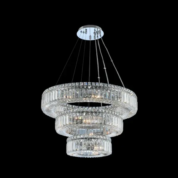 The Quantum Rondelle delivers dramatic three-tier illumination with Firenze crystal baguettes and squares in polished chrome. At 26 inches wide and 30 inches tall, this 18-light pendant creates breathtaking visual impact in grand spaces.