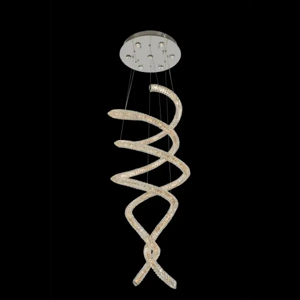 The Ravina combines contemporary spiral design with premium crystal accents and integrated LED technology. Its convertible design allows for both pendant and flush mount installation, making it versatile for various ceiling heights.