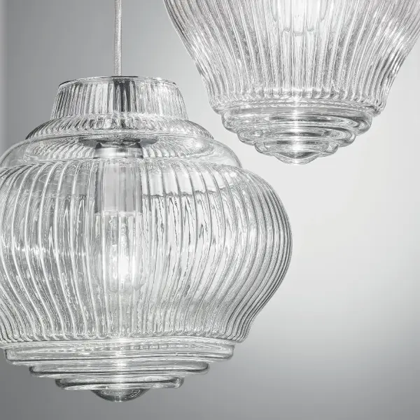 Hand-blown glass featuring intricate rigadin patterns inspired by classic Venetian glassmaking. Designed to complement Romeo & Giulietta collection for dramatic multi-pendant compositions or stunning solo installations. - alternate view