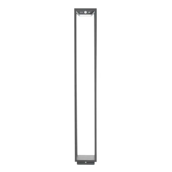 Eco-friendly outdoor bollard with integrated solar panel, dusk sensor, and motion detection. Features die-cast aluminum construction with polycarbonate diffuser. Mains-independent operation with intelligent dimming capabilities.