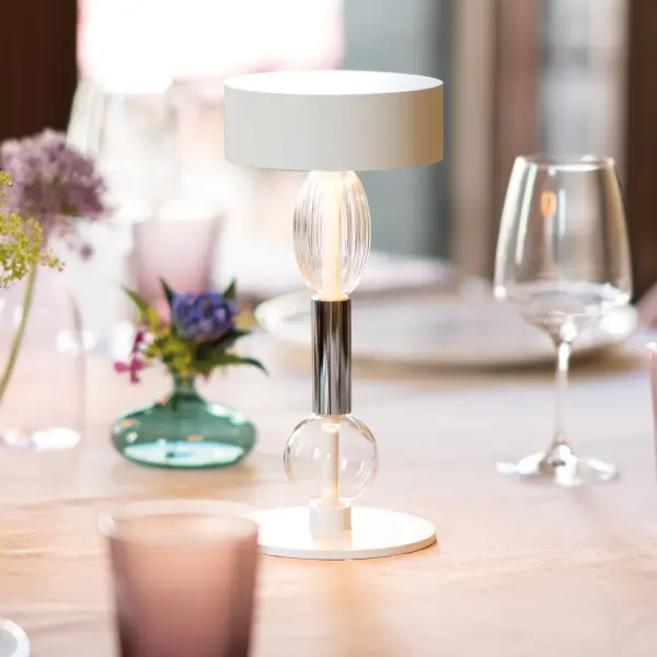 The Royal Family Wi-Fi lamp combines Italian design sophistication with cutting-edge technology. Hand-blown glass and gold leaf finish create refined ambiance, while Wi-Fi app control and 36-hour battery life deliver modern convenience. - alternate view