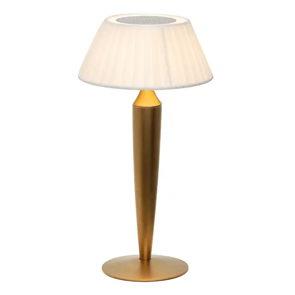 The Flaminia combines classic elegance with modern cordless convenience. Its pleated fabric shade and matte gold finish create a refined aesthetic, while touch controls offer adjustable brightness and three color temperatures. Perfect for creating ambiance without cords.