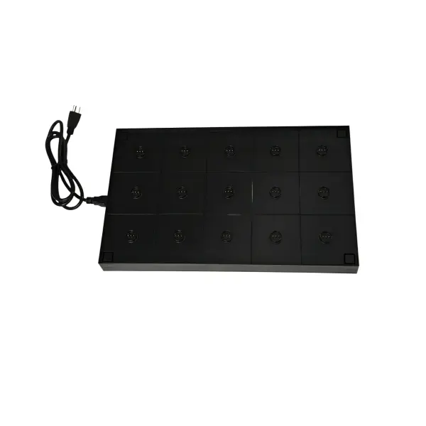 15-Lamp Multi contact charging platform that stacks up to three levels and features a new integrated On/Off switch and the ability to gang cables from one charging platform to the other, allowing the entire unit to run off a single outlet plug. Input: 100-240V, 75W IP20 Only compatible with : Ofelia Micro and Olivia Micro.
