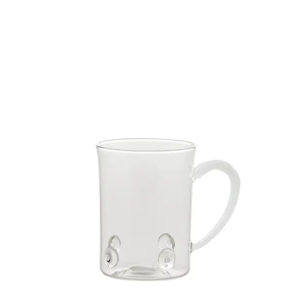 Artisanal glass mugs inspired by Mediterranean coastal rocks and limpet shells. Hand-crafted borosilicate glass with decorative blue accents at the base. Thermal shock resistant, dishwasher and microwave safe.