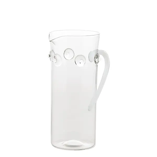 This elegant white borosilicate glass carafe brings Mediterranean charm to any table with hand-crafted embossed patterns inspired by coastal mollusks. Combining beauty with durability, it's thermal shock resistant and safe for dishwasher and microwave use.