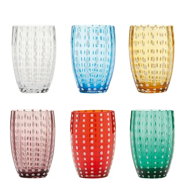 The Perle tumbler set brings artisanal elegance to your table with six handcrafted transparent glasses featuring delicate white decorations. Perfect for summer long drinks and special occasions alike.