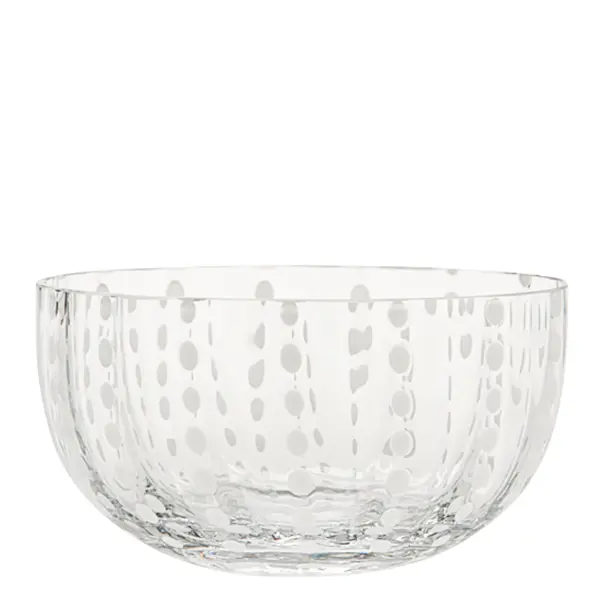 The Perle Large Bowl is a stunning artisanal piece featuring transparent colored glass and glass paste construction. Its handcrafted nature creates enchanting light reflections, adding vibrant elegance to any table setting.