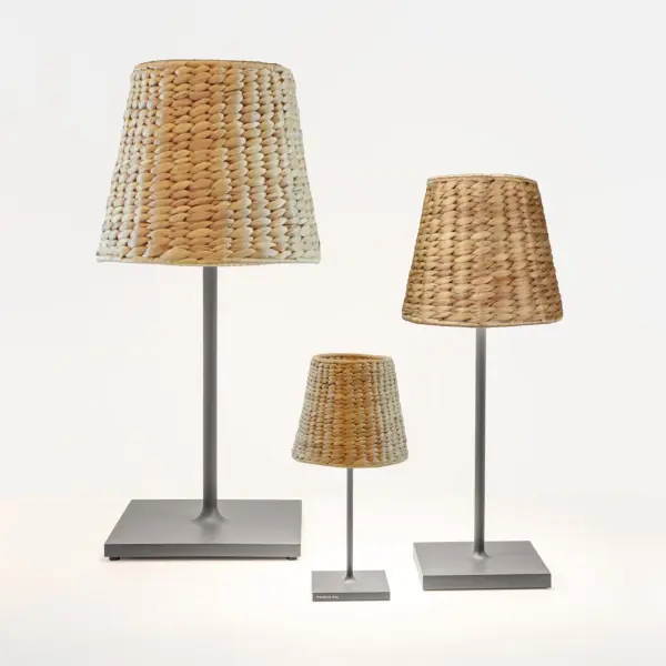 Transform your Poldina cordless lamp with this handmade water hyacinth shade that adds organic warmth to sleek modern lighting. The natural woven texture creates beautiful ambient light patterns while maintaining the convenience of cordless portability.