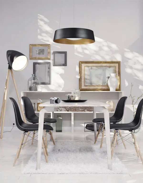 The Sampson pendant combines contemporary design with warm functionality. Its 16-inch drum silhouette features a luminous opal dome that diffuses light beautifully while the contrasting black exterior and gold interior create visual drama. - alternate view