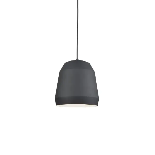 The Sedona pendant features a striking faceted aluminum shade with powder-coated black exterior and matte white interior. Its geometric design and cloth cable suspension create contemporary visual interest for kitchens and dining spaces.