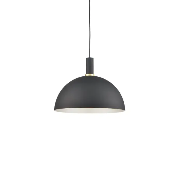 The Archibald 16-inch pendant combines modern simplicity with refined details. Its white powder-coated aluminum dome shade features gold metal accents and a cloth cable suspension for a sophisticated look that works in both residential and light commercial settings.