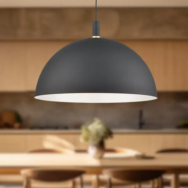 The Archibald 32-inch pendant combines clean contemporary lines with refined gold detailing. Its generous aluminum dome shade features a crisp white exterior with gold accents and matte white interior for optimal light reflection. - alternate view