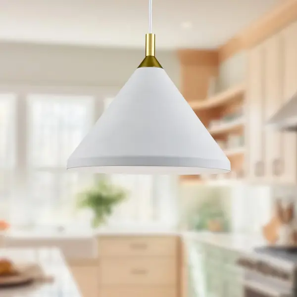 The Dorothy pendant combines clean contemporary lines with refined details. Its white powder-coated aluminum shade with gold accents creates visual interest, while the cloth cable adds a soft textural element. Perfect for modern spaces seeking understated elegance. - alternate view