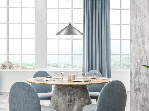 The Dorothy pendant combines clean contemporary lines with refined details. Its 26-inch conical aluminum shade features a crisp white exterior with gold accents and contrasting finial, suspended by cloth cable for adjustable height. - alternate view