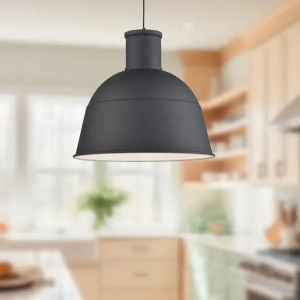The Irving pendant combines timeless dome styling with contemporary finishes. Its 13-inch aluminum shade features a powder-coated exterior and matte white interior for optimal light reflection. Cloth cable adds textural interest. - alternate view
