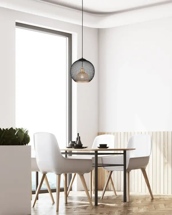 The Gibraltar pendant features a distinctive spherical wire mesh design with dual-tone finish. Its 12-inch diameter makes it perfect for intimate spaces or grouped installations, while the black exterior and gold interior create dramatic lighting effects. - alternate view