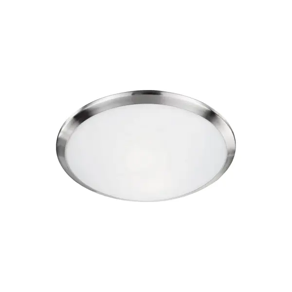 The Malta flush mount delivers modern simplicity with its 12-inch profile and white opal glass diffuser. The brushed nickel finish adds sophistication while the compact size makes it ideal for smaller spaces requiring ambient lighting.