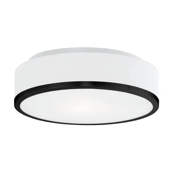 The Charlie flush mount combines minimalist black metal trim with white opal glass for a contemporary look that works in various spaces. Its compact 12-inch profile makes it ideal for rooms with lower ceilings or smaller footprints.