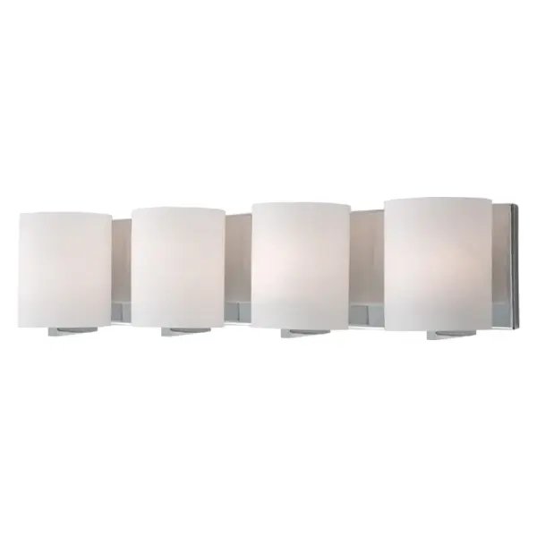 The Bridgewater vanity light combines contemporary styling with practical illumination. Four white opal cylinder glass shades provide even, flattering light while the chrome finish adds a polished, modern touch to any bathroom. - alternate view