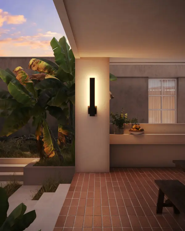 The Vesta 24" wall light combines minimalist design with practical functionality. Its concealed LED creates ambient wall lighting while the durable aluminum construction works equally well indoors or outdoors. - alternate view