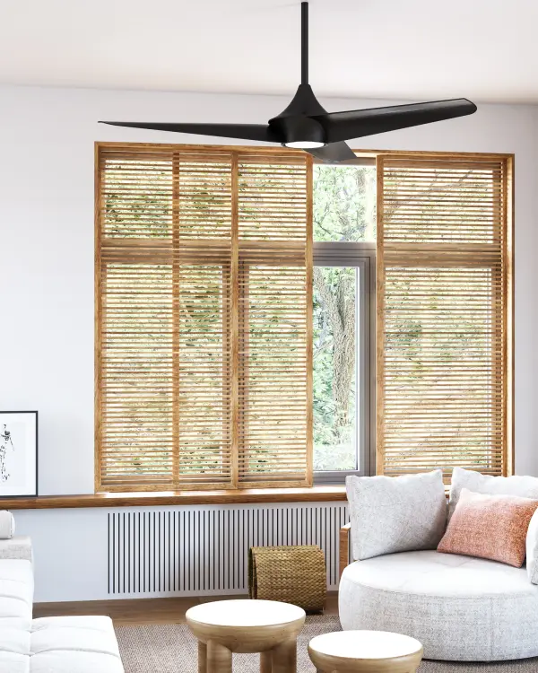 The Emiko ceiling fan brings wabi-sabi design philosophy to modern spaces with its sweeping organic metal shade and matte black finish. The 56-inch span and integrated 3000K LED provide both comfort and warm ambient lighting. - alternate view
