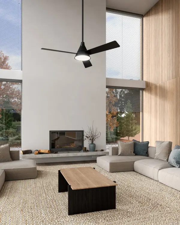 The Archer 54-inch ceiling fan blends rustic cottage charm with modern functionality. Features integrated LED lighting with warm 3000K color temperature, remote control operation, and distinctive triangular metal shades with decorative straps. - alternate view